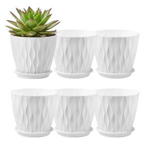 NEW 6 Pack White Flower / Plant Pots Planters Drainage Holes and Tray Saucers